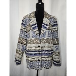 Vtg Van Heusen For Her 90s FAIR ISLE JACKET BLAZER Oversized Ikat Pockets Large